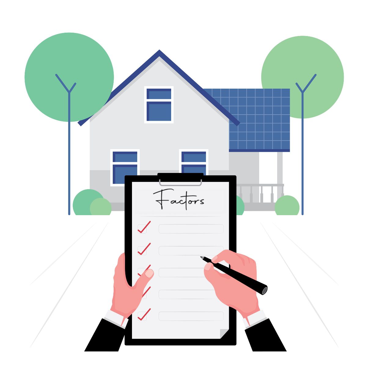 cartoon drawing of person checking off list of factors in front of a house